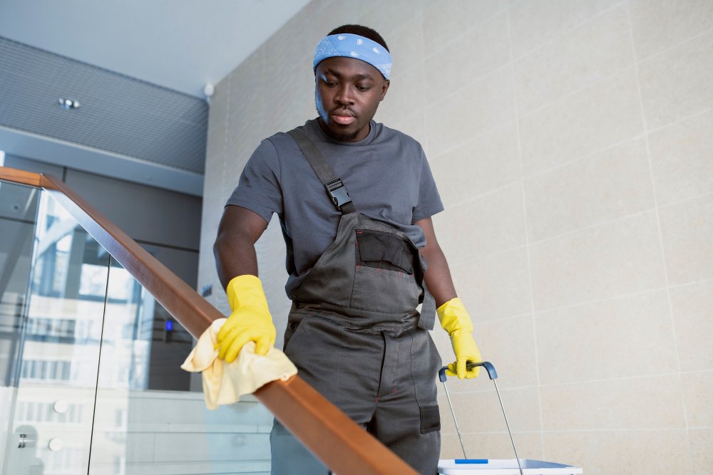 Ecosparkl. A man cleaning stairs